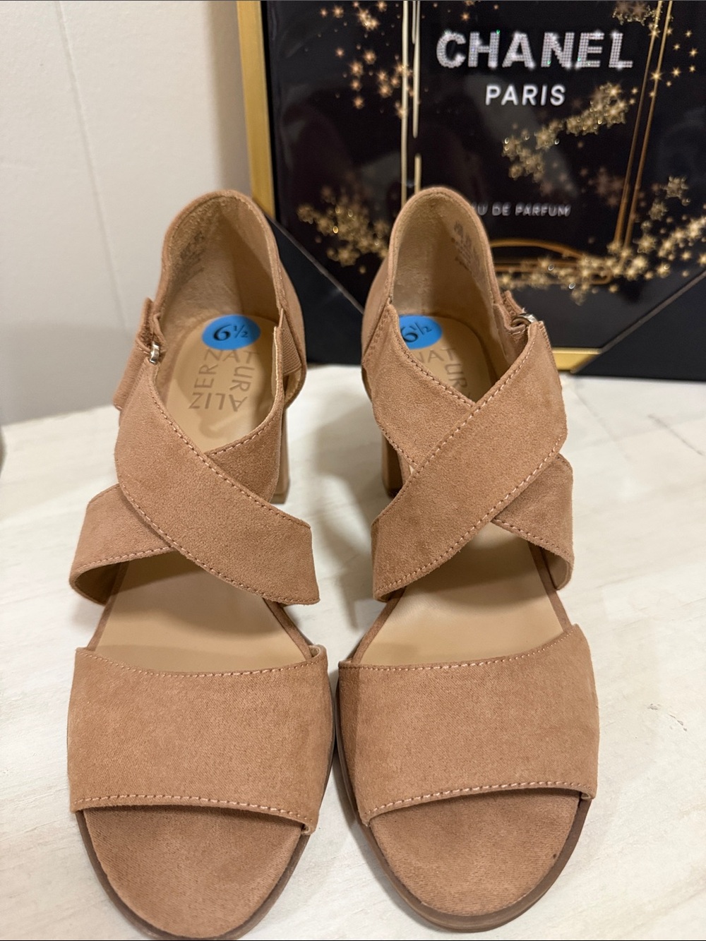 Naturalizer Tan Crisscross Suede Block Heel Sandals